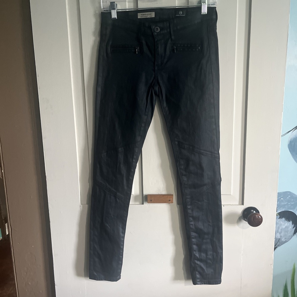 Women's Soho Zip Stiletto Black Coated Skinny Jeans Moto Zipper Sz 26 Leggings